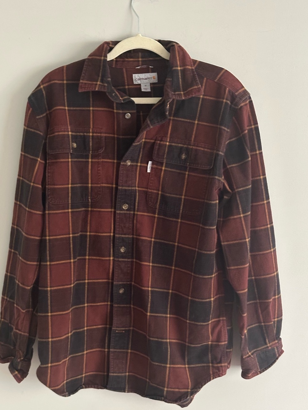 Carhartt Men’s Burgundy and Black Plaid Button-Down Shirt